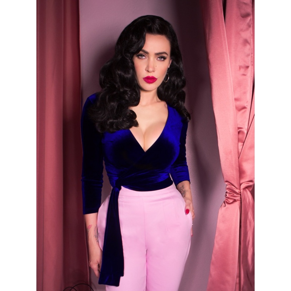 Vixen by Micheline Pitt Blue Velvet Wrap Top